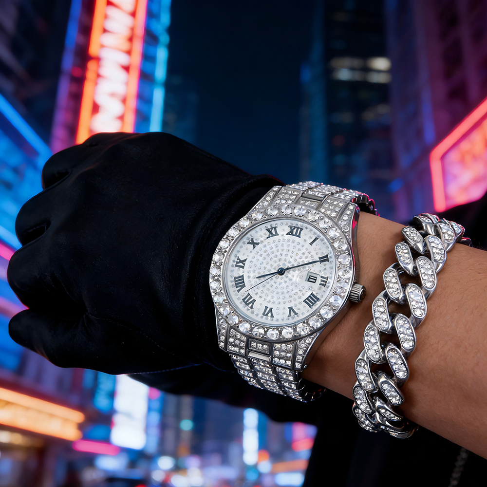 Jewelry Watches Men - 1 Hip-hop Full Diamond Silver Quartz