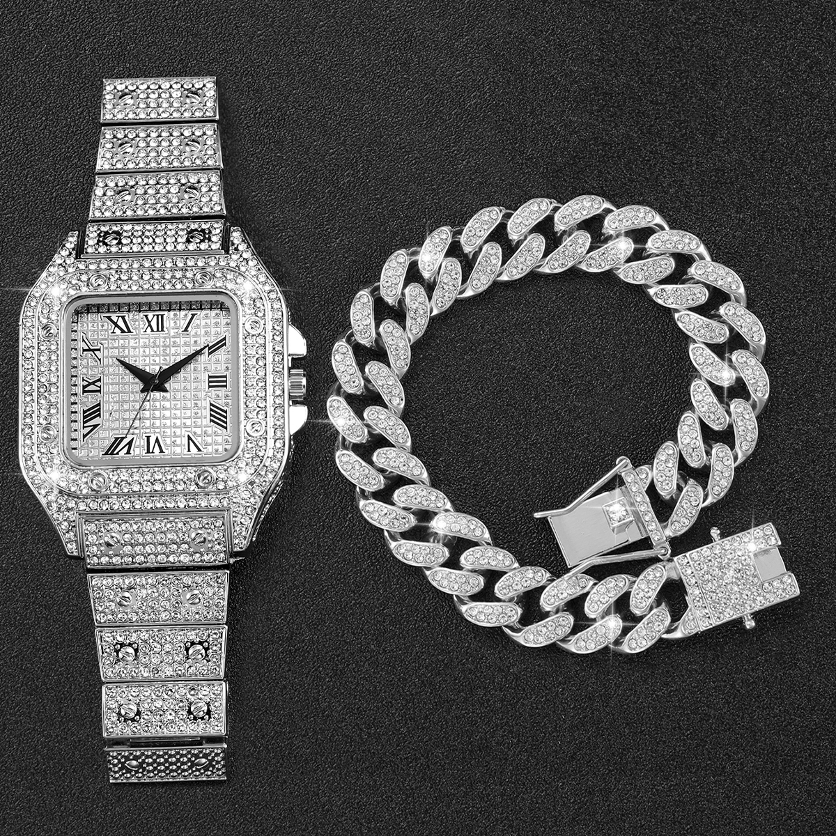 2PCS Iced Out Square Watch & C - огляд і ціна Jewelry Watch Making